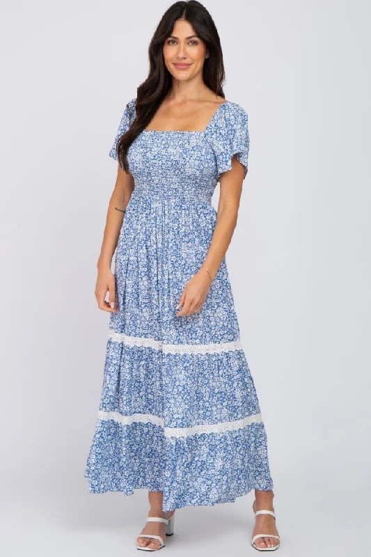 Blue Floral Square Neck Smocked Front Lace Trim Maxi Dress