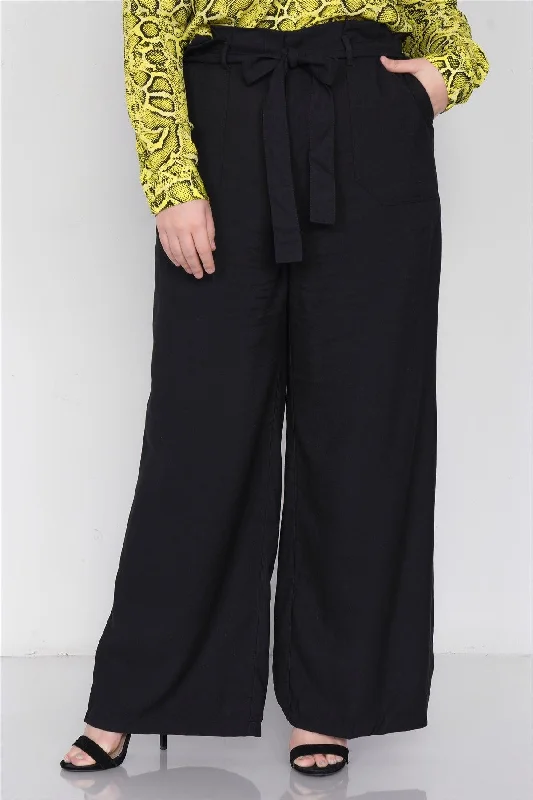 Plus Size Black Flounce Trim High-Waist Wide Leg Pant