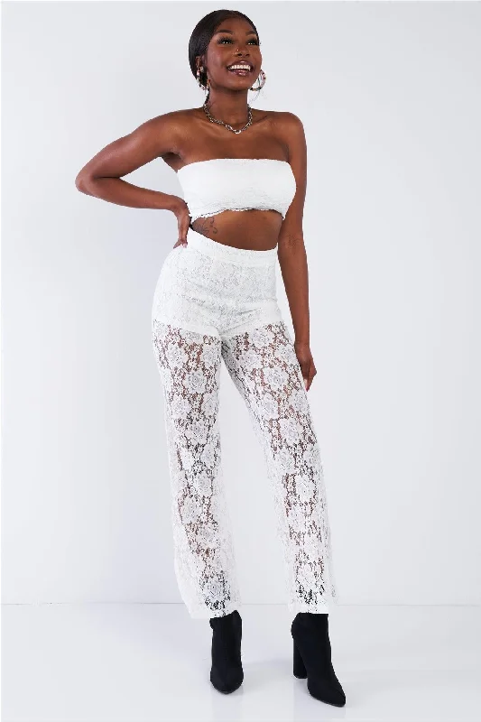 Off-White Floral Lace Bandeau & Flare High Waist Boho Pant Set  /2-2-2