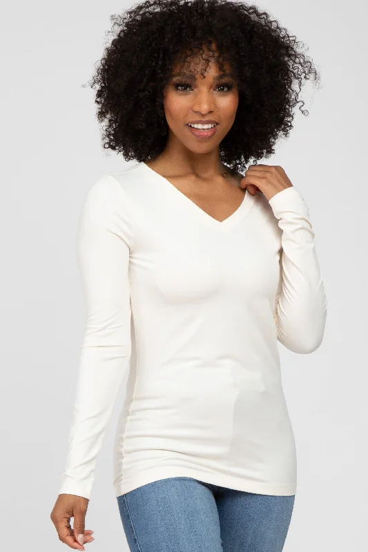 Ivory V-Neck Basic Long Sleeve Top