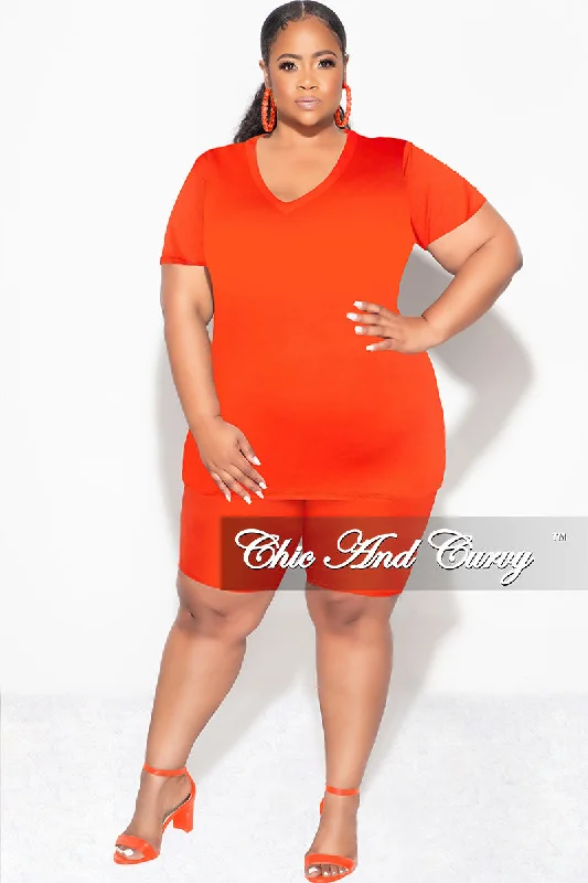 Final Sale Plus Size 2pc V Neck Biker Shorts Set in Orange