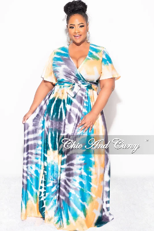 Final Sale Plus Size 2pc (Faux Wrap Crop Tie Top & Skirt) Set in Teal / Mustard Tie Dye Print