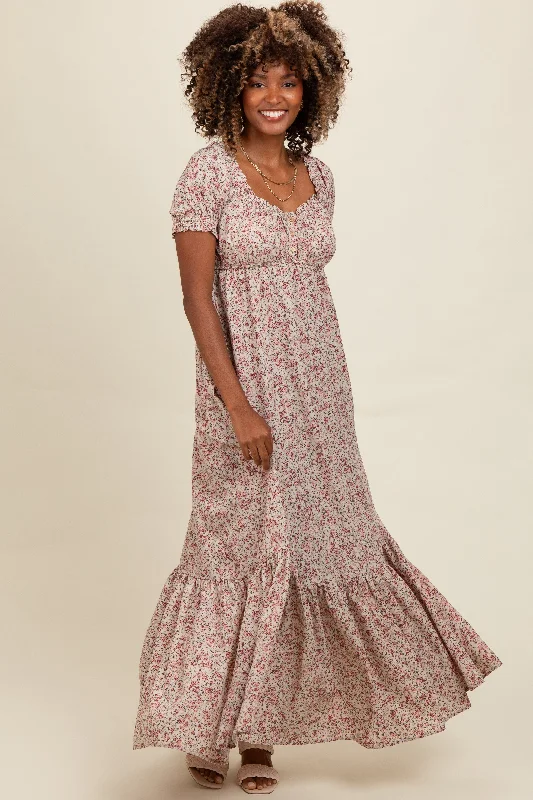 Cream Floral Button Accent Maxi Dress