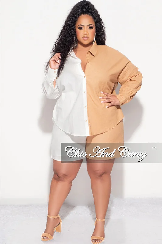 Final Sale Plus Size 2pc Collar Button Up Top and Short Set in Tan and White