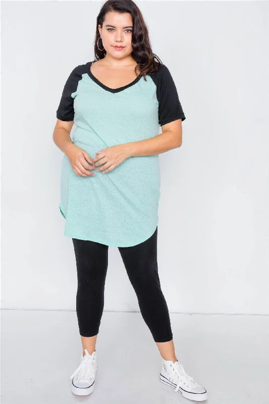 Junior Plus Size Mint & Black Washed Round Hem Shirt Dress  /1-3-2