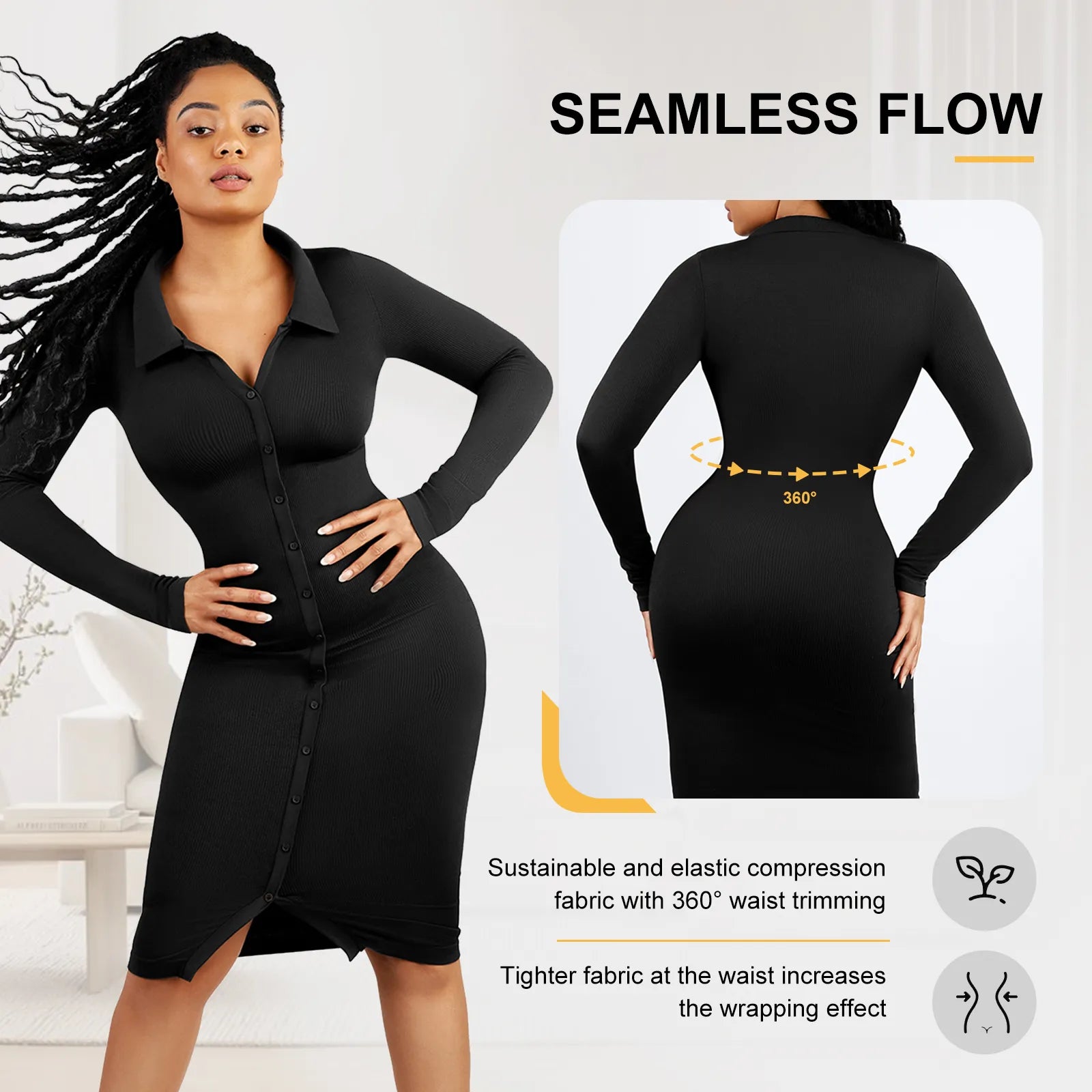 Seamless Waist-Trimming Long Sleeve Dress - Eco-friendly!