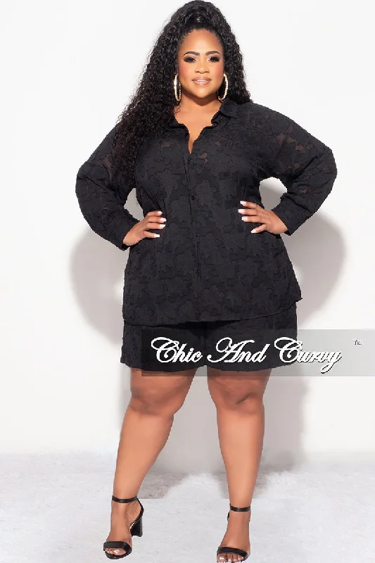 Final Sale Plus Size 2pc Collar Button Up Top And Short Set In Black