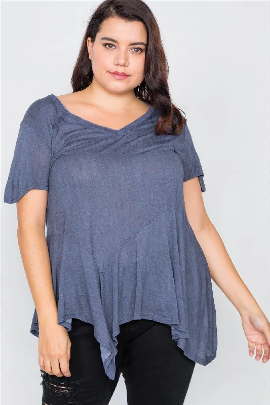 Junior Plus Size Indigo High-Low Relaxed Fit Raw Hem Top /2-2-2