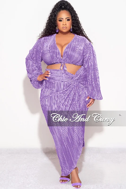 Final Sale Plus Size 2pc Pleated Crop Tie Top & Wrap Skirt Set in Lavender