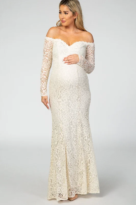 PinkBlush Beige Lace Off Shoulder Long Sleeve Maternity Maxi Dress