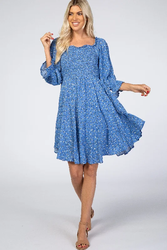 Blue Floral Smocked Dress