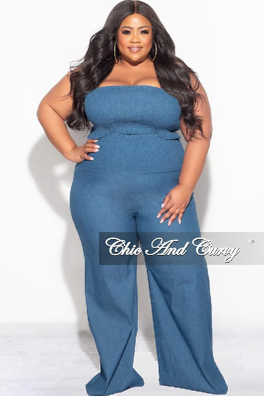 Final Sale Plus Size 2pc Strapless Crop Top and Pants Set in Denim