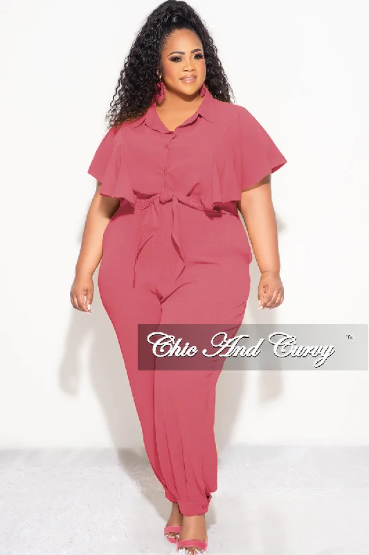 Final Sale Plus Size 2pc Button Up Collar Top and Pants Set in Mauve