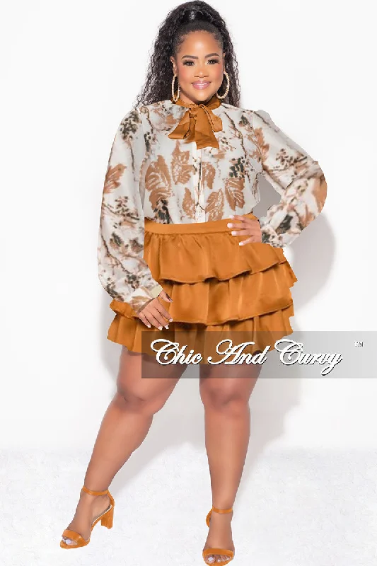 Final Sale Plus Size 2pc Set Button Up Collar Tie Top and Ruffle Layered Hem Mini Skirt in Rust