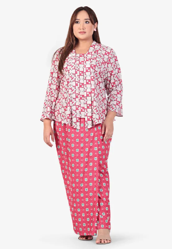 Layyin Raya Clash Prints Kebaya Set - Pink