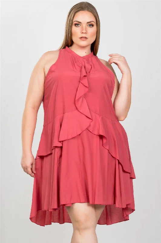 Junior Plus Size Baked Blush Draped-Ruffle Front Sleeveless Swing Midi Dress / 2-2-2