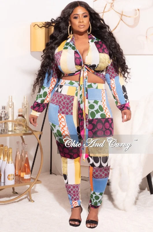 Final Sale Plus Size 2pc Set Multi-Colorblock Print Tie Top & Pants