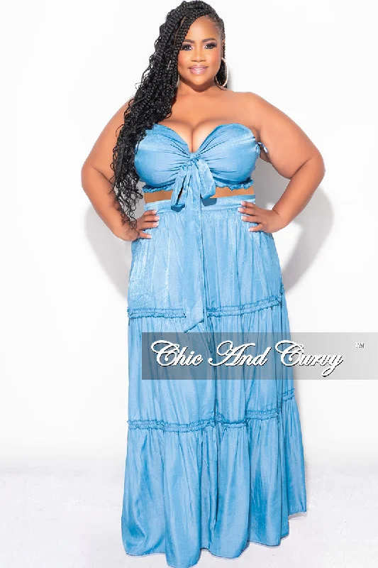 Final Sale Plus Size 2pc Strapless Crop Top and Maxi Skirt Set in Denim