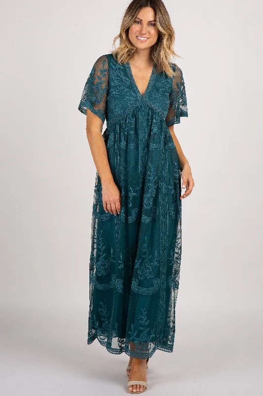 Dark Turquoise Lace Mesh Overlay Maxi Dress