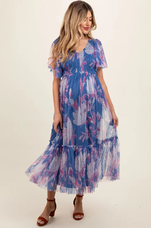 Blue Leaf Print Mesh Smocked Maternity Midi Dress