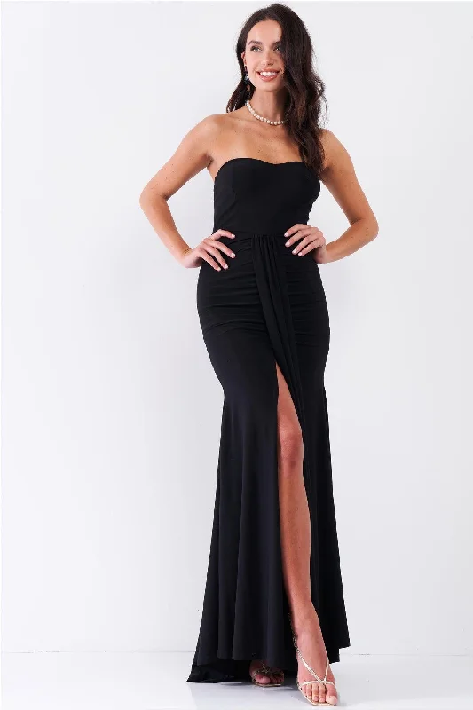 Black Heart Shaped Bust Strapless Deep Front Slip Draped Front Maxi Dress /3-2-1