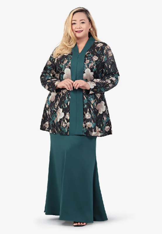 Kadeema Raya Printed Gold Flecks Kebaya Set - Dark Green