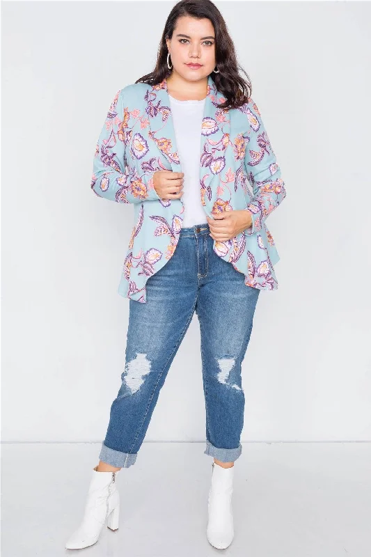 Junior Plus Size Floral Print Blue Round Flounce Hem Blazer /3-2-1