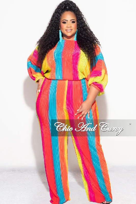 Final Sale Plus Size Off the Shoulder Pleated Tie Top and Palazzo Pants Set in Multi Color Print