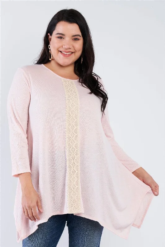 Junior Plus Size Blush Lace Embroidered Long Sleeve Top /2-2-2