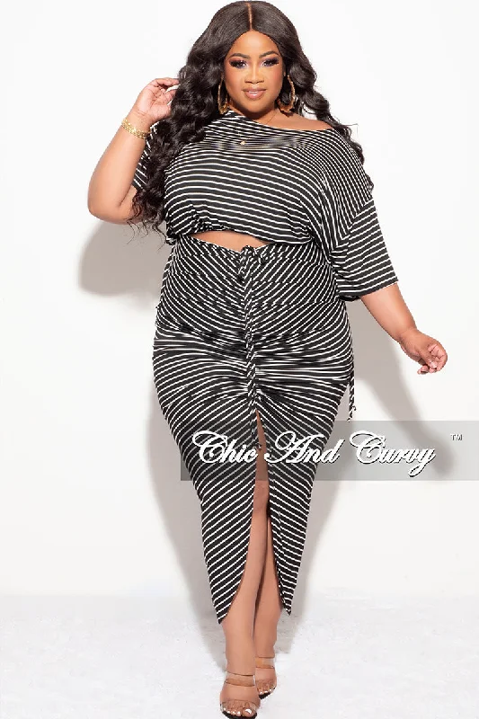 Final Sale Plus Size 2pc Crop Top and Ruched Skirt Set in Black and White Stripe Print