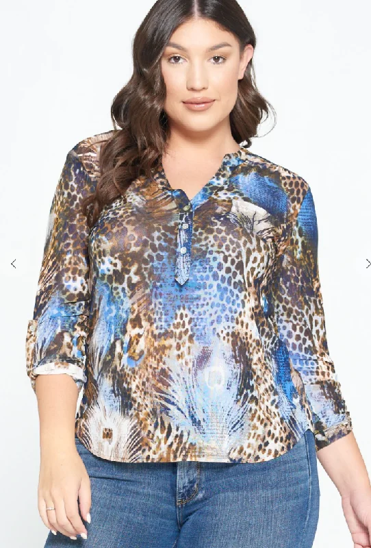 3/4 Sleeve Mesh Animal Printed Blouse