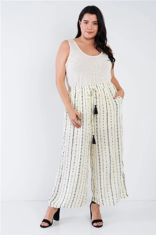 Junior Plus Size Ivory Navy Blue Bohemian Print Self Tie Tassel Pant /2-2-1