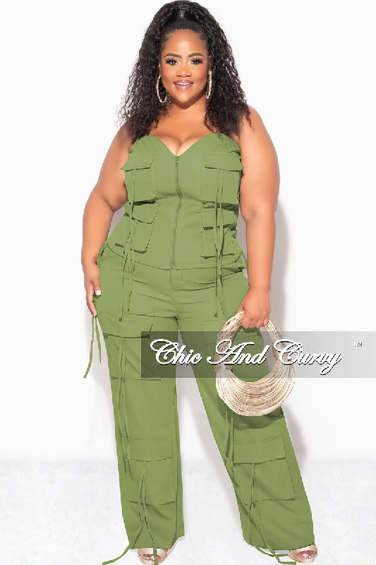 Final Sale Plus Size 2pc Strapless Top and Cargo Pants Set in Olive