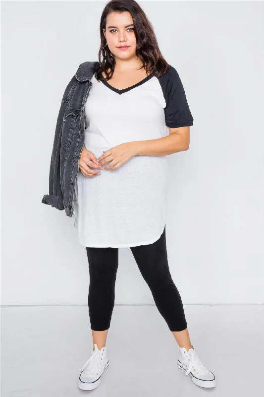 Junior Plus Size White & Black Washed Round Hem Shirt Dress /2-3