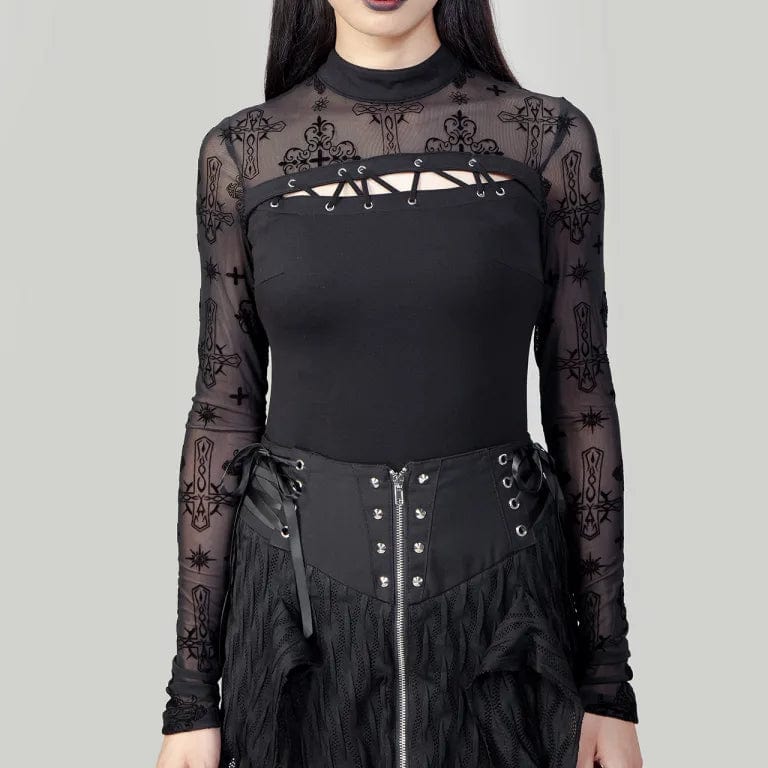 Women's Punk Cutout Flocking Mesh Shirt