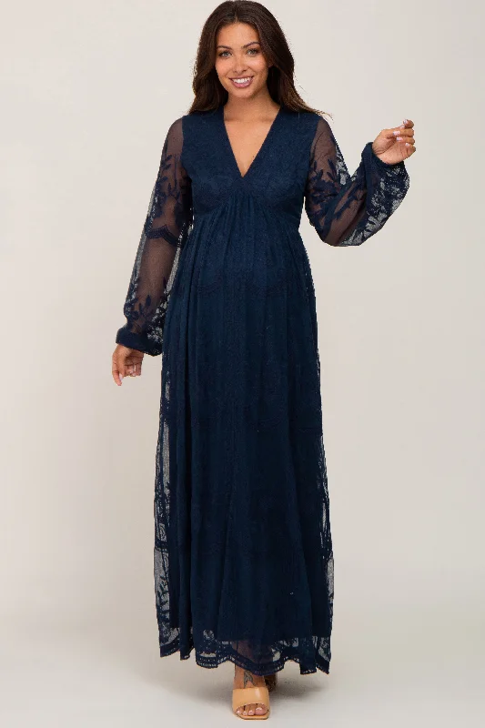 PinkBlush Navy Lace Mesh Overlay Long Sleeve Maternity Maxi Dress