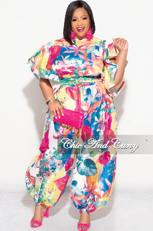 Final Sale Plus 2pc Ruffle Top and Balloon Pants Set in Multi Color Print