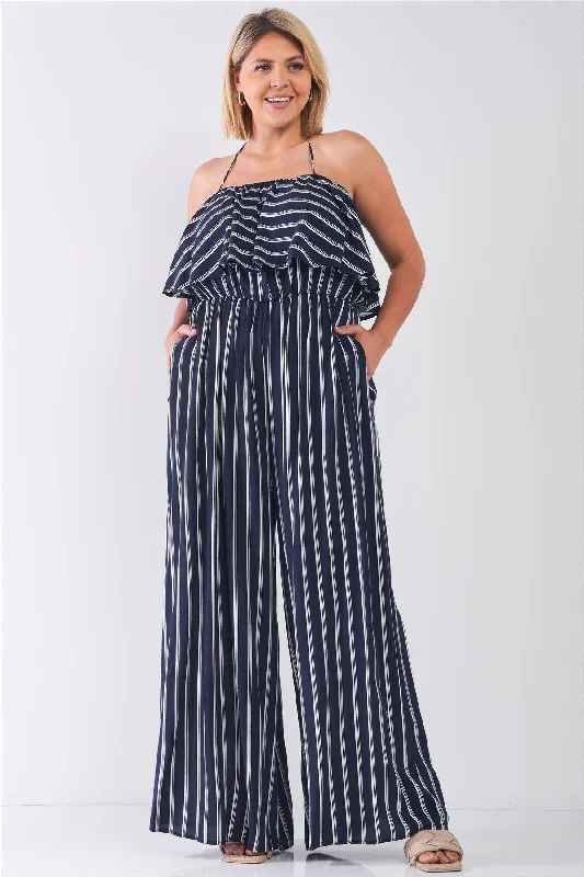 Junior Plus Size Navy White Wide Leg Jumpsuit /2-2-2