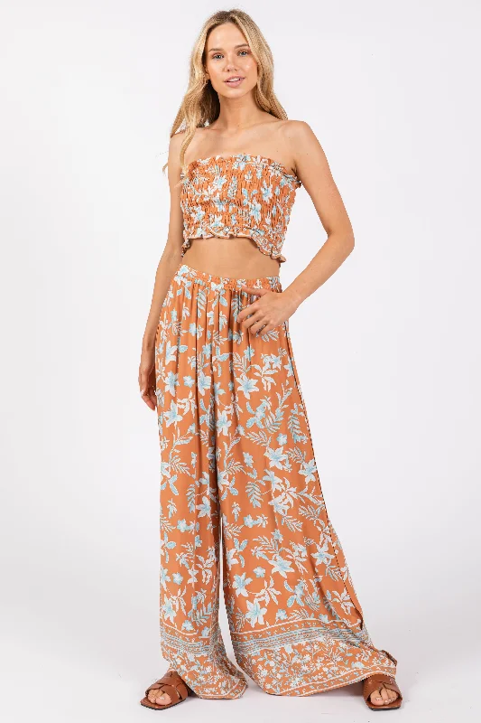 Camel Floral Tube Top Wide Leg Pant Set