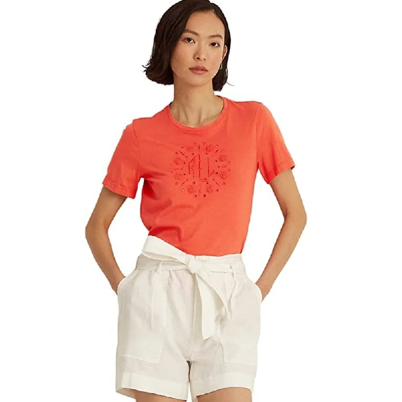 Ralph Lauren Women's Eyelet Logo Jersey Tee Orange Size Small