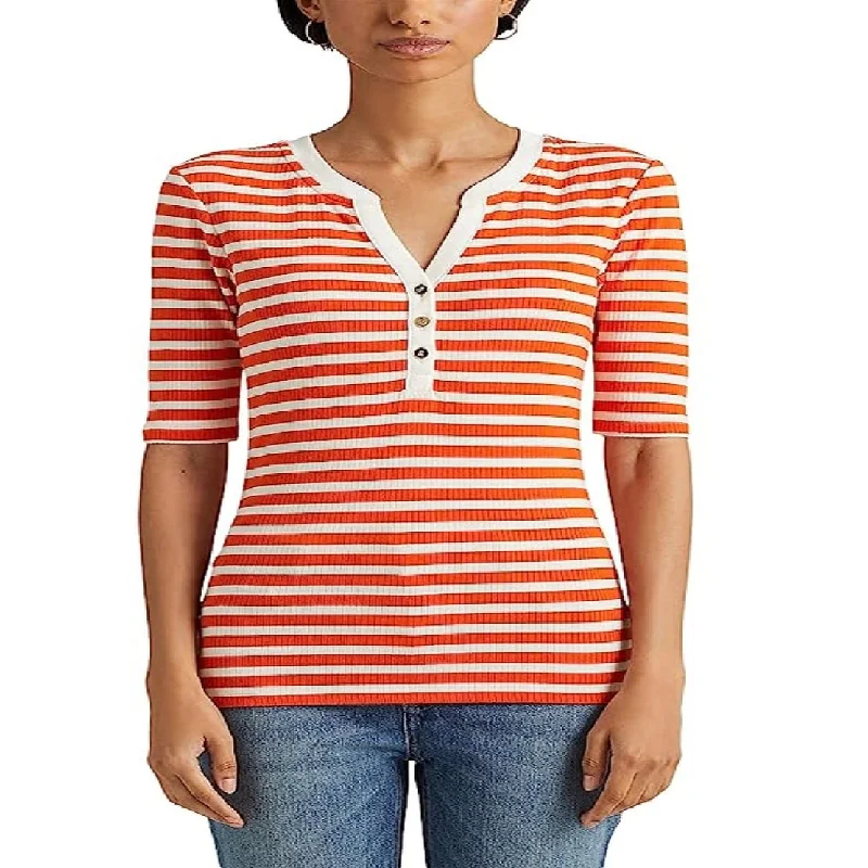 Ralph Lauren Women's Striped Cotton Blend Henley Tee Orange Size Medium